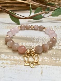 Peach Moonstone Bracelet, Rose Quartz Stretch Bracelet, Lotus Flower Charm, Healing Crystal Jewelry, Fertility Bracelet, Healing Stones Jewelry, Inspirational Bracelets, Rose Quartz Bracelet, Beads Bracelet Design, Healing Crystal Jewelry, Moonstone Bracelet, Moonstone Beads, Stacked Jewelry