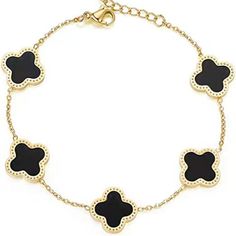 Clover Bracelet Legend Has It That The Clover Symbolizes Luck. The Probability Of Finding A Clover In A Pile Of Clovers Is One In 100,000, So Each Leaf Of The Clover Represents Health, Love, Wealth And Happiness. Wear It Every Day And Expect It To Bring You Good Luck. Product Information Length Is 6.41 Inches (16.3cm), Extension Chain Is 1.77 Inches (4.5cm), Made Of Titanium Steel, Hypoallergenic, Suitable For Most Skins, Lucky Clover Diameter Is 0.51 Inches (1.3cm) Adjustable Sizethis Lucky Clo Black Metal Bracelets Tarnish Resistant, Elegant Stainless Steel Jewelry For Party, Trendy Black Charm Bracelet For Party, Trendy Black Chain Bracelet Gift, Trendy Black Chain Bracelet For Party, Elegant Black Metal Chain Bracelet, Elegant Yellow Gold Stainless Steel Bracelets, Elegant Yellow Gold Stainless Steel Bracelet, Luxury Metal Bracelets With Black Enamel