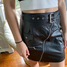 Never Worn. High Waisted Black Mini Skirt W Biker Belt Detailing. Black Mini Skirt, Black Mini, Skirt Fashion, Fashion Nova, Mini Skirt, Womens Skirt, Women's Fashion, Black Leather, Mini Skirts