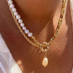 Enjoy this beautiful Rope chain with our lovely Fresh Water Pearl chain necklace for a perfect finishing touch on your outfit of the day, everyday!PLEASE NOTE: Choose From the following size or variation OPTIONS in the drop down menu 🌺.Full Set Shown (Includes):- 16" 3mm Rope Chain Only- 16" Pearl Necklace With Pearl Charm Only Fresh Water Pearl Necklace | Layered Gold Filled Necklace Set | Pearl Paper Clip Rope Necklace | Gold Stacked Necklaces Chunky Chain Dangle Necklace As Gift, Pearl Chain Layered Necklace As A Gift, Trendy Gold Pearl Necklace With Chain, Trendy Gold Charm Necklace With Pearl Chain, Pearl Chain Link Necklace, Gold Pearl Necklace With Chunky Chain, Trendy Gold Plated Pearl Chain Necklace, Dangle Double Chain Necklace As Gift, Gold Link Chain Necklace With Pearls