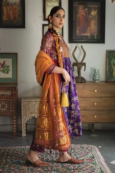 Kesaria orange dupatta with hand block gold foil printed on the border and beaded tassels. - Aza Fashions Traditional Orange Anarkali Set With Gota Work, Traditional Orange Anarkali Set With Dupatta, Anarkali Style Dupatta For Rituals, Anarkali Dupatta For Rituals, Chanderi Kurta With Dupatta For Rituals, Chanderi Anarkali Traditional Wear For Rituals, Designer Orange Dupatta For Festivals, Anarkali Chanderi Traditional Wear For Rituals, Kurta With Dupatta For Ritual Festivals