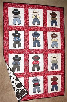 a red and white quilt with many different stuffed animals on it's sides, along with a cow print