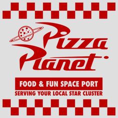 the logo for pizza planet is shown in red and white checkered paper with an image of a clock on it