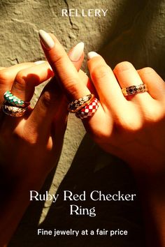 Ruby Red Checker Ring | Rellery! rings aesthetic vintage, rings engagement, engagement rings gold, jewels rings. #rings #jewelry Vintage Rings Engagement, Womens Rings Unique, Rings Casual, Rings Aesthetic, Checker Pattern, Red Rings, Red Checkered, Gold Rings Jewelry, Jewels Rings