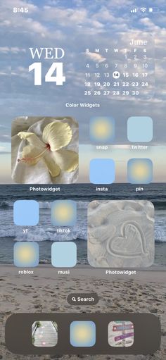 Ios 16 Wallpaper Summer Aesthetic, August Phone Theme, Blue Summer Homescreen, Coastal Iphone Layout, Summer Phone Theme Aesthetic, Coastal Home Screen, Beach Aesthetic Phone Layout, Beach Iphone Layout, Home Screen Layout Iphone Summer