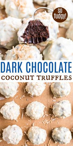 chocolate coconut truffles on a cookie sheet with the title text overlay reads dark chocolate coconut truffles