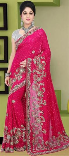 Pink and Majenta color Saree in Georgette fabric with Embroidered, Stone, Thread work Embroidered Fabric With Self Design For Wedding, Wedding Pink, Wedding Saree, Georgette Fabric, Stone Work, Thread Work, Saree Wedding, Bridal Wedding, Thread