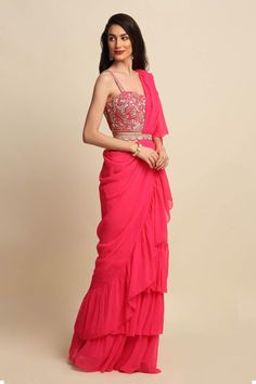 Buy Pink Dupion And Georgette; Lining: Shantoon Ruffle Saree With Blouse For Women by Priyanka Jain Online at Aza Fashions. Ruffle Saree, Embroidered Dupatta, Beaded Neckline, Party Wear Indian Dresses, Blouse For Women, Pattern Embroidery, Saree With Blouse, Blouse Online, Scalloped Hem