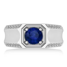 Style Number - AZ17044
This sidestone-accented blue sapphire engagement ring for men features a stunning 1.50ct round-cut blue sapphire set in a burnished setting that goes all the way around your finger. On either side of the centerstone are a row of 14 diamonds totaling 0.56ct. The diamonds featured in this ring are of bright G-H color and SI1-SI2 clarity, with the blue sapphire of eye-clean clarity.This modern 14k white gold ring has a polish finish on the sides. This men's ring is comfort-fi Formal Blue Diamond Signet Ring, White Gold Signet Ring With Round Sapphire, Formal Sapphire Ring With Center Stone, White Gold Sapphire Signet Ring, Lab-created Sapphire Ring With Channel Set, Engagement Ring For Men, Blue Sapphire Engagement Ring, Mens Engagement, Sapphire Engagement Ring Blue