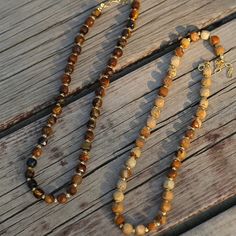 Metal: 18k Recycled Gold Plated On Brass Gemstone: Tiger's Eye, Picture Jasper Chain Length: 400-450mm Weight: 25g