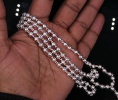 Sterling silver handmade solid beads chain necklace, it include 109 beads or ball, in india 108 or 109 beads string is use to japping mantra and maditation.Weight of chain-20.900 grams approx.Metal-Sterling silver.Length-33 inches approx.Width-5 mm approx.Beads in chain-109.Please keep in mind the size of all items are appear larger than actual size in the photo.makes excellent gifting an collectible items. Belly Dance Jewelry, Foot Bracelet, Dance Jewelry, Beads Chain, India Jewelry, Silver Anklets, Bead Stringing, Long Earrings, Beaded Chain