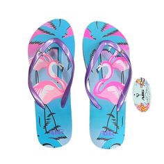 Women's Flamingo Flip Flops - Purple Thong And Blue Sole #Nwt #Sandal #Sandals #Pink Summer Pink Flip Flops For Pool, Pink Summer Flip Flops For Pool, Summer Style Pink Flip Flops For Pool, Pink Synthetic Flip Flops For Pool, Fun Slip-on Flip Flops For The Beach, Purple Slip-on Beach Sandals, Purple Sandals For Beach Vacation, Purple Sandals For Vacation And Beach Season, Trendy Blue Flip Flops For Beach Season