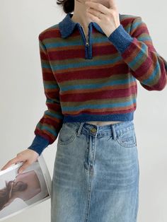 Cropped knitted sweater with a zip-up polo collar and cozy autumnal multicolored stripes. S/M: 15" across shoulders, 37" chest, 17" length Casual Multicolor Sweater With Ribbed Collar, Casual Striped Polo Sweater For Fall, Winter Striped Collared Sweater, Striped Polo Sweater For Fall, Multicolor Ribbed Collar Sweater For Fall, Fall Striped Collared Polo Sweater, Blue Striped Sweater Outfit, Cropped Knitted Sweater, Striped Sweater Outfit