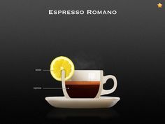 a cup of coffee with lemon on the side and labeled in spanish, espresso romano