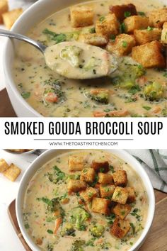 broccoli soup with croutons and tofu in a white bowl