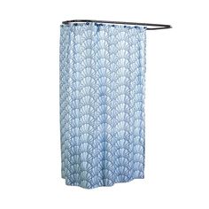 a blue shower curtain hanging on the side of a white wall with a black handle