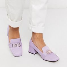 Name A More Iconic Duo Slip-On Style Gold-Tone Lettering Square Toe Block Heel Available In Us Size 9 Uk Size 7 Timberland Nellie Chukka, Asos Shoes, Square Toe Heels, Socks And Heels, Black Leather Ankle Boots, Pull On Boots, Heeled Loafers, Purple Fashion, Winx Club