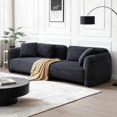 a living room scene with focus on the sofa