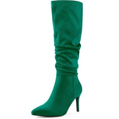 A silhouette updates a fashion-forward knee-high boot without a zipper lofted by a stiletto high heel and finished with a classic, pointy toe. These boots can be paired perfectly with your winter dresses. Knee High Boots; Stiletto Heel; Side Zip; Vamp: Faux Suede; Outsole: Rubber; Heel: ABS; Heel Height: 3 1/3 inches; Shaft Height: 14 4/7 inches. Fitted Mid-calf Heeled Boots For Party, Winter Party Mid-calf Boots With High Shaft, Party Mid-calf Heeled Boots, Fitted Mid-calf Party Boots, Fitted High Shaft Knee-high Boots For Winter, Fitted Knee-high Boots With High Shaft For Winter, Fitted Green Knee-high Boots, Fitted Green Knee-high Boots For Parties, Fitted Knee-length Boots For Night Out