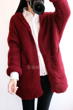 Cardigan Knit Coarse Yarn Batwing Loose Sweater - May Your Fashion - 4 Ootd Heels, Gents Sweater, Crochet Cardigans, Red Cardigan Sweater, Solid Color Sweater, Hip Clothes, Cardigan Knit, Lace Lingerie Set, Beautiful Sweater