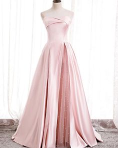 Pink Satin Prom Dress, Satin Long Prom Dress, Prom Dress Pink, Formal Bridesmaids Dresses, Pink Bridesmaid Dress, Strapless Evening Dress, Pink Party Dresses