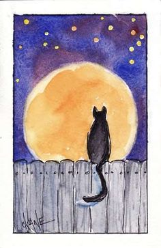 a drawing of a cat sitting on top of a fence at night with the moon in the background