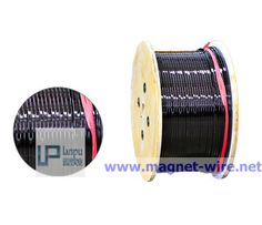 a spool of black wire with red and white stripes on the end is shown