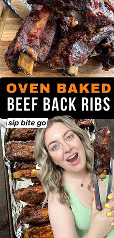 a woman holding a knife in front of ribs on the grill with text overlay that reads oven baked beef back ribs