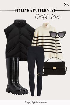 Casual And Stylish Outfits, Oversize Puffer Vest, Winter Outfits For Work Women, Sweater Outfit Inspiration, Rainy Day Outfit Women Casual, Women Vest Outfits Winter, Fall Easy Outfits, Leggings 2023 Street Style, Styling Leggings Winter