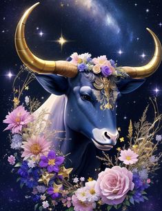 a painting of a bull with flowers and stars in it's horns is shown