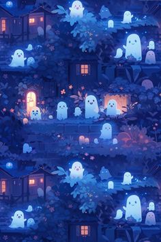 an image of halloween scene with ghost and pumpkins in the night sky, all lit up