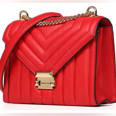 Michael Kors Ladies Shoulder Bag. Whitney Series. Color: Red Size: W" 9.25 X H" 7 X D" 3. This Bag From Michael Kors Features A Push Lock Closure, Adjustable Shoulder Strap, Exterior Slip Pocket At The Rear, 2 Gusseted Comparments Seperated By A Zip Pocket, 1 Wall Slip Pocket, 1 Wall Zip Pocket, A Quilted Exterior Design And A Gold Toned Hardware. Color Red Series Label Whitney Brand Michael Kors Gender Ladies Material Leather Designer Red Flap Bag For Shopping, Designer Red Flap Shoulder Bag, Red Crossbody Flap Bag For Formal Occasions, Luxury Red Flap Bag, Designer Red Shoulder Flap Bag, Luxury Red Flap Bag For Evening, Red Designer Shoulder Flap Bag, Luxury Red Flap Bag With Removable Pouch, Luxury Red Flap Shoulder Bag