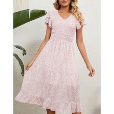 Pink V Neck Pleated Chiffon Floral Dress Casual Pink Knee-length Chiffon Dress, Pink Casual Chiffon Dress For Spring, Casual Pink Chiffon Dress For Spring, Pink Flowy Chiffon Casual Dress, Pink Flowy Casual Chiffon Dress, Summer V-neck Georgette Chiffon Dress, Summer V-neck Georgette Dress, Pink Fitted Casual Chiffon Dress, Casual Pink Chiffon V-neck Dress