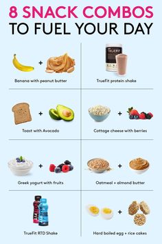 the 8 snack combos to fuel your day are shown in this graphic above it