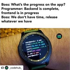 a watch on someone's wrist that says, boss what's the progress on the app?