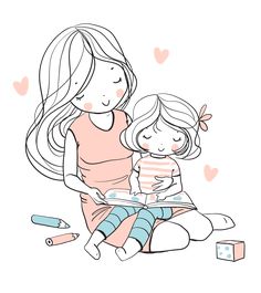 a mother reading to her daughter on the floor with toys around her, hand drawn illustration