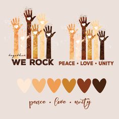 we rock peace love and unity with hands in the air, on an orange background