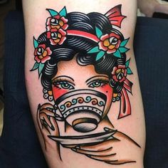 Traditional Tattoos Coffee Cup, Traditional Illustrative Portrait Tattoo, American Traditional Coffee Tattoo, Traditional Coffee Cup Tattoo, Traditional Teacup Tattoo, Teacup Tattoo Vintage, Vintage Traditional Tattoo, Unique American Traditional Tattoo