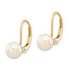 14K yellow gold 6-7mm white round freshwater cultured pearl earrings with polished finish. Measures approximately 3/4"L x 1/4"W and have leverback closures. Classic Pearl Earrings With Lever Back Ear Wires, Classic Pearl Earrings With Lever Back, Classic White Pearl Earrings With Lever Back, Classic Round Pearl Earrings With French Hook, Classic Pearl Earrings With French Hook For Anniversary, Classic Yellow Gold Pearl Earrings With French Hook, Leverback Earrings, Fresh Water, Pearl Earrings