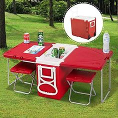 a red picnic table with coolers and drinks on it