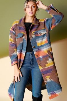 long Aztec tribal coat Bohemian Winter Outerwear With Button Closure, Multicolor Button-up Outerwear For Fall, Bohemian Button-up Outerwear With Buttons, Bohemian Fall Outerwear With Buttons, Aztec Jacket, Long Winter Coats, Long Coats, Aztec Pattern, Long Winter