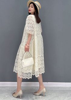 White A-line Midi Dress With Patchwork, Beige Knee-length Lace Dress With Lace Patchwork, White Knee-length Patchwork Dress, White Patchwork Knee-length Dress, Spring White Patchwork Midi Dress, Beige Knee-length Patchwork Dress, Beige Patchwork Knee-length Dress, White Patchwork Shift Dress, White Shift Dress With Patchwork