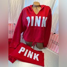 This Victoria’s Secret Pink Set Is Adorable And Super Soft! This Hoodie Is Semi Cropped! Fall Is Almost Here! Thank You So Much For Looking! Red Athleisure Sweatshirt For Loungewear, Red Fall Loungewear Sweats, Red Sweats For Fall Loungewear, Red Tracksuit For Loungewear, Red Sportswear Tracksuit For Loungewear, Casual Red Tracksuit For Loungewear, Red Hoodie For Loungewear, Red Hooded Sweatshirt For Loungewear, Red Fleece Hoodie For Loungewear