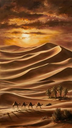 a painting of three camels in the desert