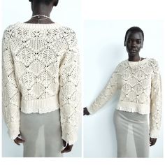 Chunky Knit Sweater With Contrast Embroidered Lace Trim. Round Neck Crochet Stitch Sweater With Long Sleeves. Lace Trim Details. Cropped Length 17” Bust Across 18.5” 58% Cotton 42% Acrylic Ecru | 6427/110 New With Tags Attached. Sold Out At Zara. Gorgeous!! Chic Winter White Pointelle Knit Sweater, Cream Long Sleeve Pointelle Knit Sweater, Beige Pointelle Knit Crochet Crew Neck Top, Beige Pointelle Knit Crochet Top, Off White Open Knit Sweater For Fall, Elegant Beige Crochet Top With Pointelle Knit, Chic Crochet Knit Top For Fall, Elegant Cream Open Knit Crochet Top, Chic Long Sleeve Crochet Sweater