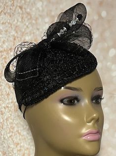 Black Sequin Lace Teardrop Fascinator Half Hat for Church Head Covering, Weddings, Tea Parties and Other Special Occasions The hat is trimmed with rhinestones and hat pin. The hat pin may vary.  The hat affixes to the head via a hatstring.  The hat measures approximately 6 X 8 inches. Handmade Gifts for mom, sister, wife, or yourself. Gatsby Style Evening Fascinator Headband, Evening Gatsby Style Fascinator Headband, Gatsby Style Evening Fascinator For Kentucky Derby, Black Fitted Headband For Wedding, Fitted Evening Fascinator Headband, Black Hat-style Headpieces For Wedding, Gatsby Style Mini Hat With Short Brim For Parties, Black Hat Headpiece For Wedding, Fitted Evening Headband Fascinator