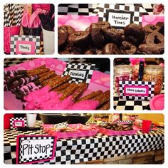 pink and black checkered table cloths are on display at a birthday party with donuts