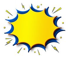 a yellow and blue burst with stars around it on a white background, in the style of pop art