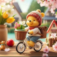 a teddy bear riding a bike with flowers in the basket