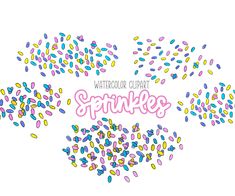 the word sparkles surrounded by sprinkles in pink and blue on a white background